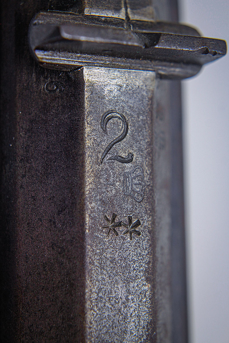 The “2” on the receiver may or may not be related to the “No.2” stamped into the stock.